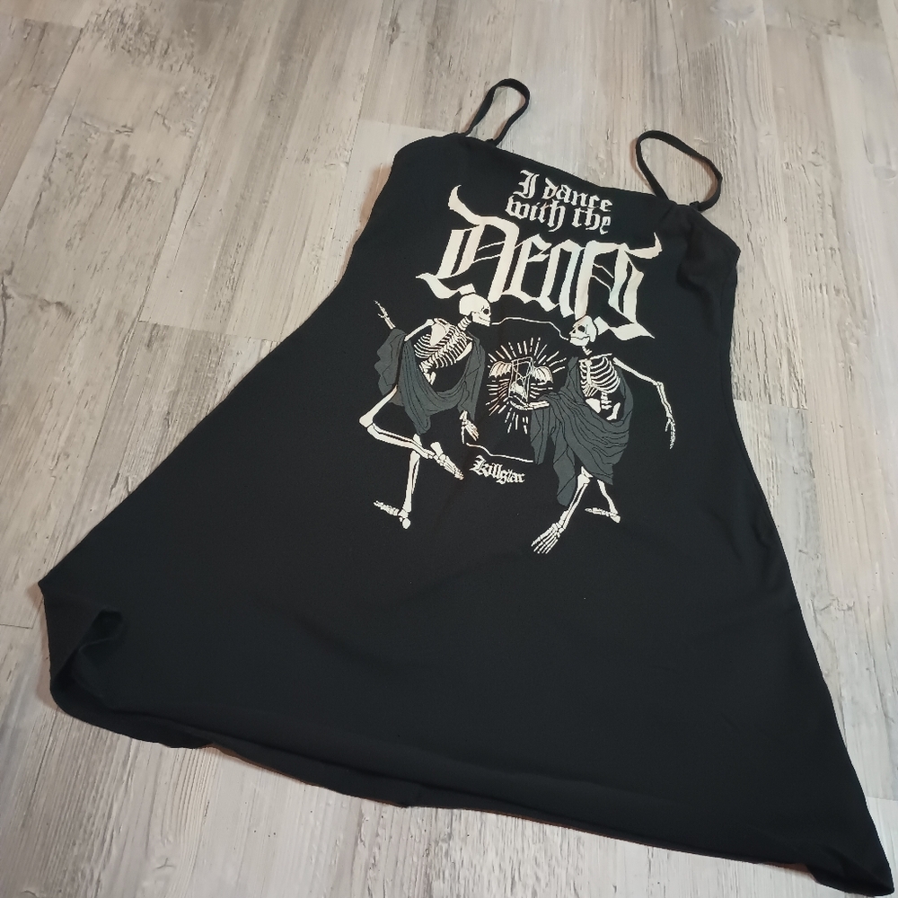 Black Graphic Slip Dress with 'I Dance With The Dead' Print - Picture 2 of 6